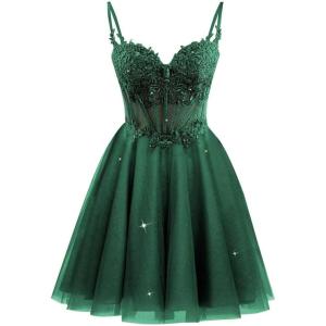 imageTulle Homecoming Dresses 2025 Spaghetti Straps Short Prom Dresses Lace Applique Beaded Formal Cocktail GownsEmerald Green