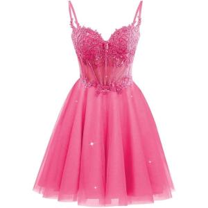 imageTulle Homecoming Dresses 2025 Spaghetti Straps Short Prom Dresses Lace Applique Beaded Formal Cocktail GownsHot Pink