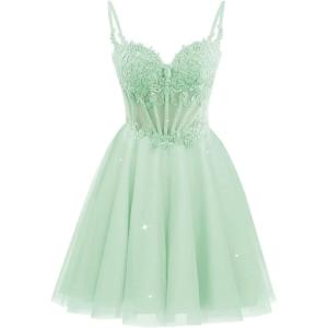 imageTulle Homecoming Dresses 2025 Spaghetti Straps Short Prom Dresses Lace Applique Beaded Formal Cocktail GownsMint Green