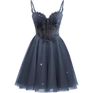 imageTulle Homecoming Dresses 2025 Spaghetti Straps Short Prom Dresses Lace Applique Beaded Formal Cocktail GownsNavy Blue