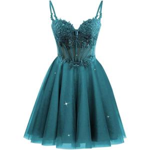 imageTulle Homecoming Dresses 2025 Spaghetti Straps Short Prom Dresses Lace Applique Beaded Formal Cocktail GownsPeacock