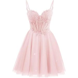 imageTulle Homecoming Dresses 2025 Spaghetti Straps Short Prom Dresses Lace Applique Beaded Formal Cocktail GownsPink