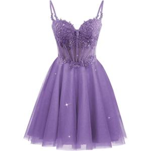 imageTulle Homecoming Dresses 2025 Spaghetti Straps Short Prom Dresses Lace Applique Beaded Formal Cocktail GownsPurple
