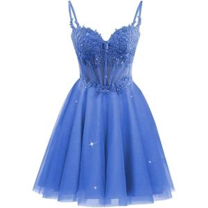 imageTulle Homecoming Dresses 2025 Spaghetti Straps Short Prom Dresses Lace Applique Beaded Formal Cocktail GownsRoyal Blue