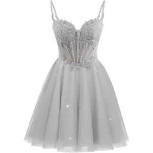 imageTulle Homecoming Dresses 2025 Spaghetti Straps Short Prom Dresses Lace Applique Beaded Formal Cocktail GownsSilver