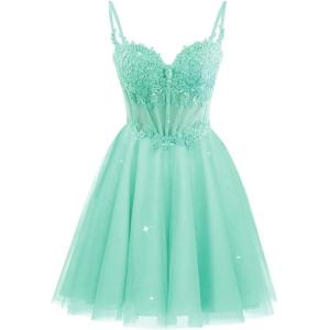 imageTulle Homecoming Dresses 2025 Spaghetti Straps Short Prom Dresses Lace Applique Beaded Formal Cocktail GownsTurquoise