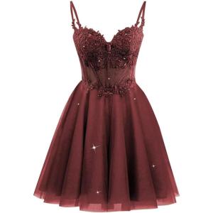 imageTulle Homecoming Dresses 2025 Spaghetti Straps Short Prom Dresses Lace Applique Beaded Formal Cocktail GownsWine Red