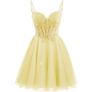 imageTulle Homecoming Dresses 2025 Spaghetti Straps Short Prom Dresses Lace Applique Beaded Formal Cocktail GownsYellow