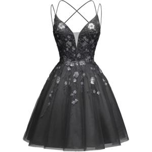 imageTulle Homecoming Dresses for Teens Sparkly Short Prom Dresses Spaghetti Strap Plus Size Formal DressBlack