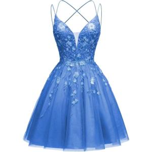 imageTulle Homecoming Dresses for Teens Sparkly Short Prom Dresses Spaghetti Strap Plus Size Formal DressBlue
