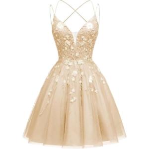 imageTulle Homecoming Dresses for Teens Sparkly Short Prom Dresses Spaghetti Strap Plus Size Formal DressChampagne