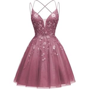 imageTulle Homecoming Dresses for Teens Sparkly Short Prom Dresses Spaghetti Strap Plus Size Formal DressDerset Rose