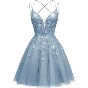 imageTulle Homecoming Dresses for Teens Sparkly Short Prom Dresses Spaghetti Strap Plus Size Formal DressDusty Blue