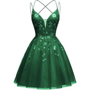 imageTulle Homecoming Dresses for Teens Sparkly Short Prom Dresses Spaghetti Strap Plus Size Formal DressEmerald Green