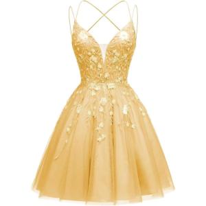 imageTulle Homecoming Dresses for Teens Sparkly Short Prom Dresses Spaghetti Strap Plus Size Formal DressGold