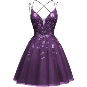 imageTulle Homecoming Dresses for Teens Sparkly Short Prom Dresses Spaghetti Strap Plus Size Formal DressGrape