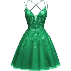 imageTulle Homecoming Dresses for Teens Sparkly Short Prom Dresses Spaghetti Strap Plus Size Formal DressGreen