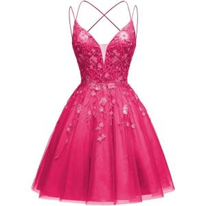 imageTulle Homecoming Dresses for Teens Sparkly Short Prom Dresses Spaghetti Strap Plus Size Formal DressHot Pink