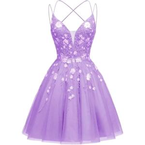 imageTulle Homecoming Dresses for Teens Sparkly Short Prom Dresses Spaghetti Strap Plus Size Formal DressLilac