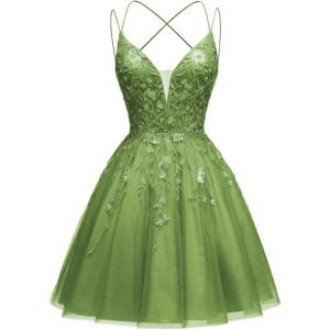 imageTulle Homecoming Dresses for Teens Sparkly Short Prom Dresses Spaghetti Strap Plus Size Formal DressOlive