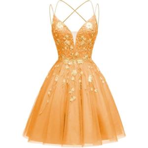 imageTulle Homecoming Dresses for Teens Sparkly Short Prom Dresses Spaghetti Strap Plus Size Formal DressOrange