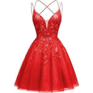imageTulle Homecoming Dresses for Teens Sparkly Short Prom Dresses Spaghetti Strap Plus Size Formal DressRed