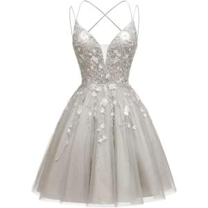 imageTulle Homecoming Dresses for Teens Sparkly Short Prom Dresses Spaghetti Strap Plus Size Formal DressSilver