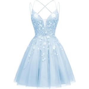 imageTulle Homecoming Dresses for Teens Sparkly Short Prom Dresses Spaghetti Strap Plus Size Formal DressSky Blue