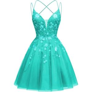 imageTulle Homecoming Dresses for Teens Sparkly Short Prom Dresses Spaghetti Strap Plus Size Formal DressTurquoise