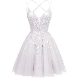 imageTulle Homecoming Dresses for Teens Sparkly Short Prom Dresses Spaghetti Strap Plus Size Formal DressWhite