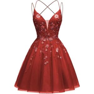imageTulle Homecoming Dresses for Teens Sparkly Short Prom Dresses Spaghetti Strap Plus Size Formal DressWine Red