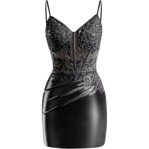 imageV Neck Satin Homecoming Dresses for Teens 2025 Spaghetti Straps Beaded Short Prom Dresses Tight Cocktail Party DressBlack
