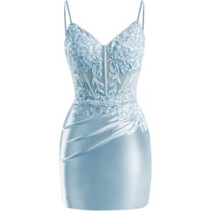 imageV Neck Satin Homecoming Dresses for Teens 2025 Spaghetti Straps Beaded Short Prom Dresses Tight Cocktail Party DressDusty Blue