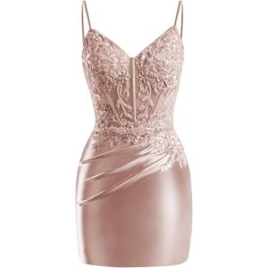 imageV Neck Satin Homecoming Dresses for Teens 2025 Spaghetti Straps Beaded Short Prom Dresses Tight Cocktail Party DressDusty Rose