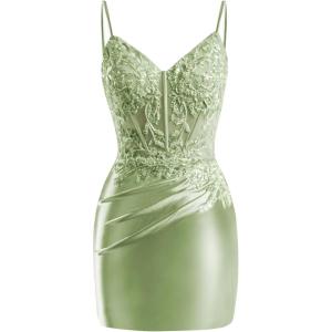 imageV Neck Satin Homecoming Dresses for Teens 2025 Spaghetti Straps Beaded Short Prom Dresses Tight Cocktail Party DressOlive