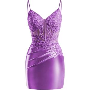 imageV Neck Satin Homecoming Dresses for Teens 2025 Spaghetti Straps Beaded Short Prom Dresses Tight Cocktail Party DressPurple
