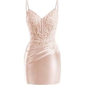 imageV Neck Satin Homecoming Dresses for Teens 2025 Spaghetti Straps Beaded Short Prom Dresses Tight Cocktail Party DressRose Gold