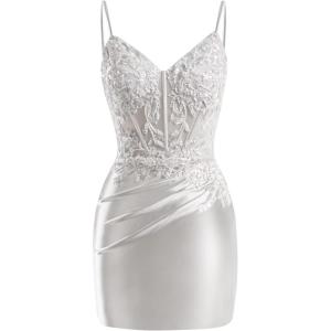 imageV Neck Satin Homecoming Dresses for Teens 2025 Spaghetti Straps Beaded Short Prom Dresses Tight Cocktail Party DressSilver