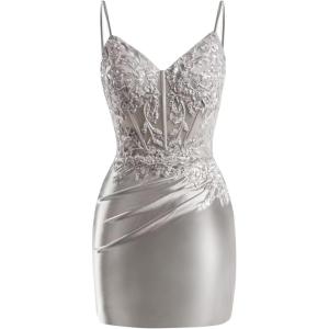 imageV Neck Satin Homecoming Dresses for Teens 2025 Spaghetti Straps Beaded Short Prom Dresses Tight Cocktail Party DressSteel Gray