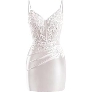 imageV Neck Satin Homecoming Dresses for Teens 2025 Spaghetti Straps Beaded Short Prom Dresses Tight Cocktail Party DressWhite