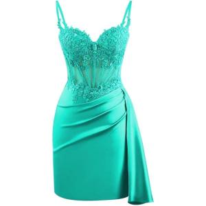 imageV Neck Satin Homecoming Dresses for Teens Lace Short Porm Dress Mermaid Pleated Bodycon Cocktail DressAqua