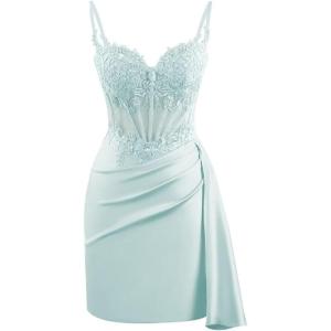 imageV Neck Satin Homecoming Dresses for Teens Lace Short Porm Dress Mermaid Pleated Bodycon Cocktail DressBaby Blue