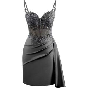 imageV Neck Satin Homecoming Dresses for Teens Lace Short Porm Dress Mermaid Pleated Bodycon Cocktail DressBlack