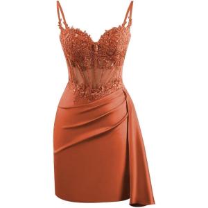 imageV Neck Satin Homecoming Dresses for Teens Lace Short Porm Dress Mermaid Pleated Bodycon Cocktail DressBurnt Orange
