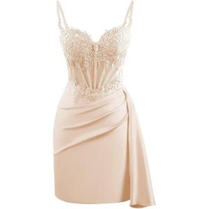 imageV Neck Satin Homecoming Dresses for Teens Lace Short Porm Dress Mermaid Pleated Bodycon Cocktail DressChampagne