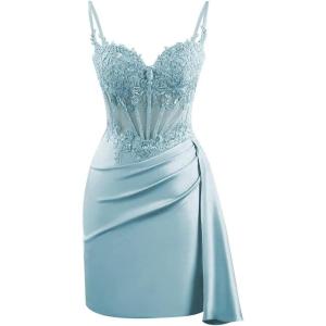 imageV Neck Satin Homecoming Dresses for Teens Lace Short Porm Dress Mermaid Pleated Bodycon Cocktail DressDusty Blue