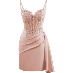 imageV Neck Satin Homecoming Dresses for Teens Lace Short Porm Dress Mermaid Pleated Bodycon Cocktail DressDusty Rose