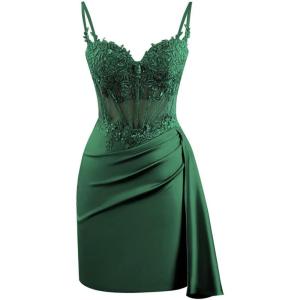 imageV Neck Satin Homecoming Dresses for Teens Lace Short Porm Dress Mermaid Pleated Bodycon Cocktail DressEmerald Green