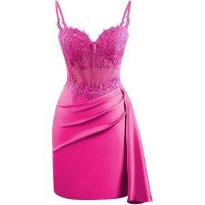 imageV Neck Satin Homecoming Dresses for Teens Lace Short Porm Dress Mermaid Pleated Bodycon Cocktail DressFuchsia