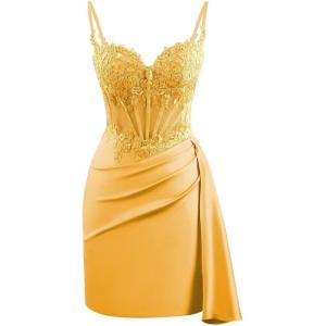 imageV Neck Satin Homecoming Dresses for Teens Lace Short Porm Dress Mermaid Pleated Bodycon Cocktail DressGold